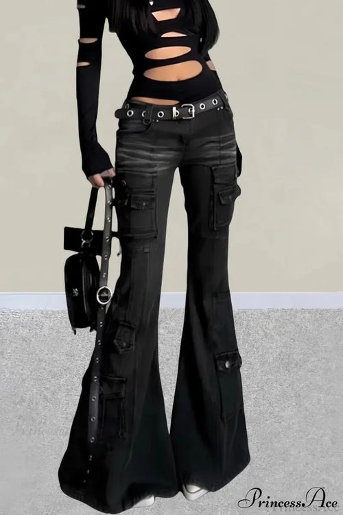 Vintage Multi-pocket Y2K Slim Flare Jeans Black / S