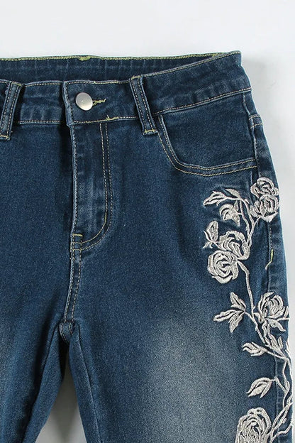 Vintage Plant Embroidered Bootcut Jeans
