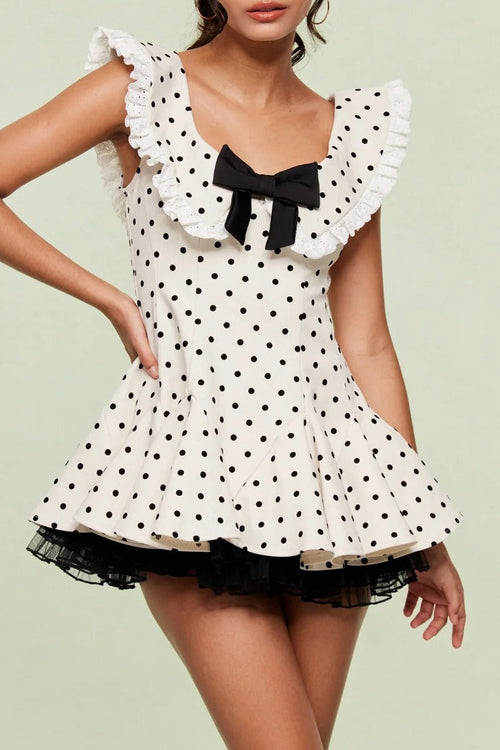 Vintage Polka Dot Bow Collar Ruffled Mini Dress