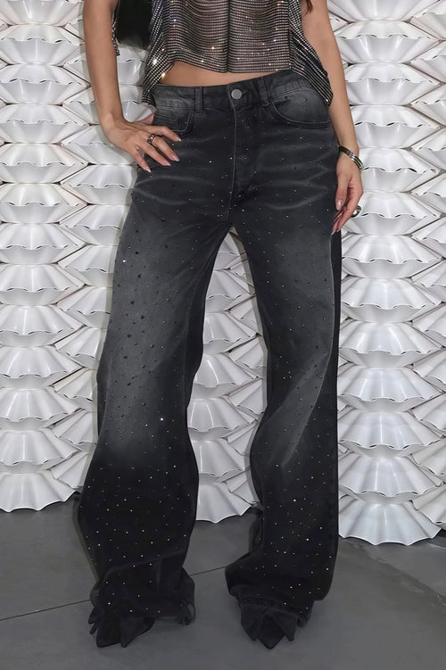 Vintage Rhinestone Distressed Low Waist Wide Leg Jeans