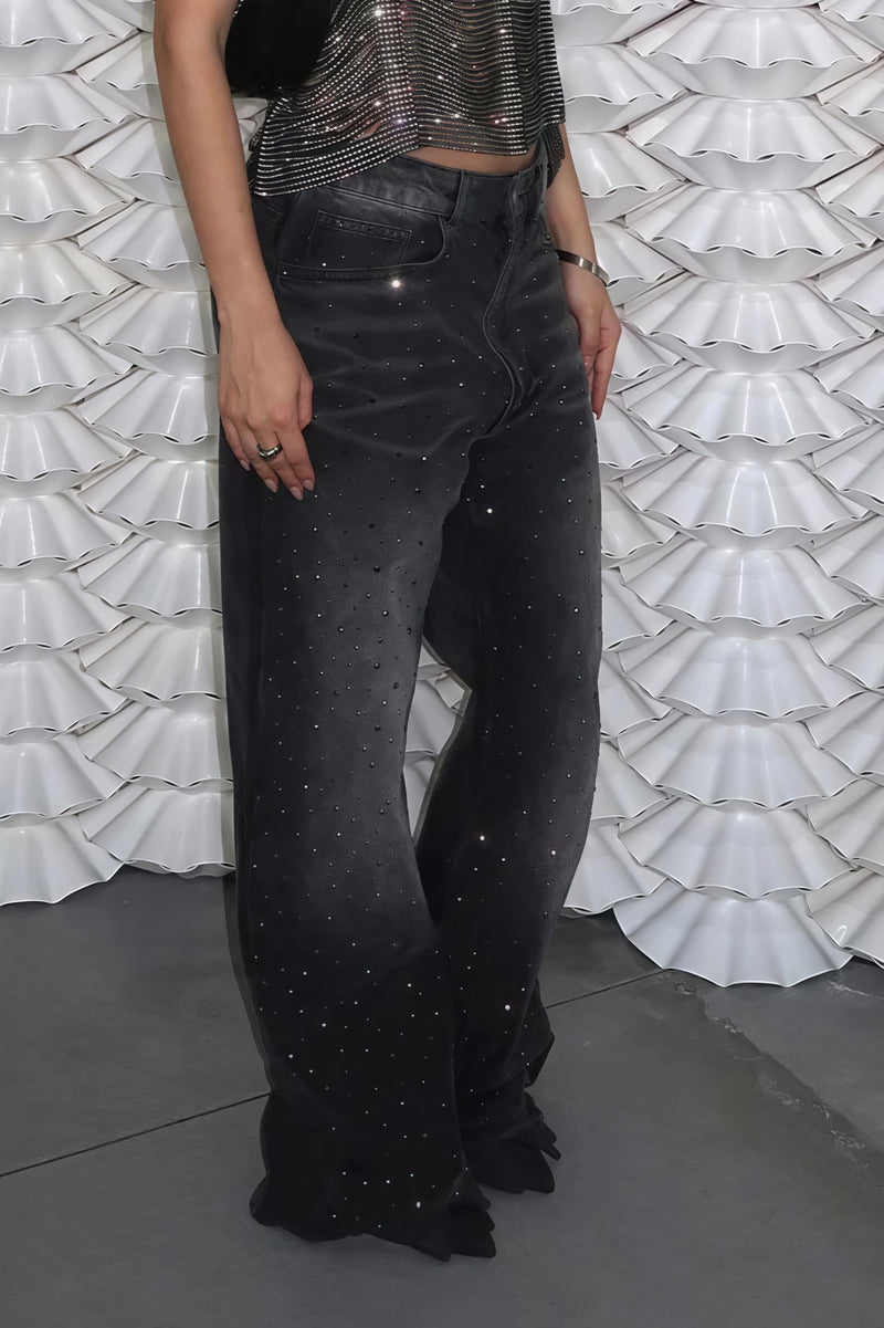 Vintage Rhinestone Distressed Low Waist Wide Leg Jeans