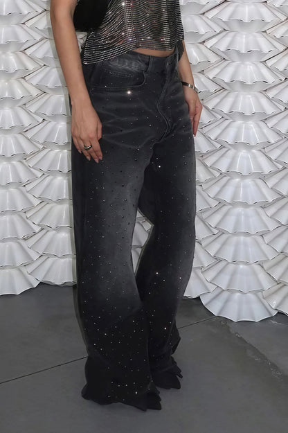 Vintage Rhinestone Distressed Low Waist Wide Leg Jeans