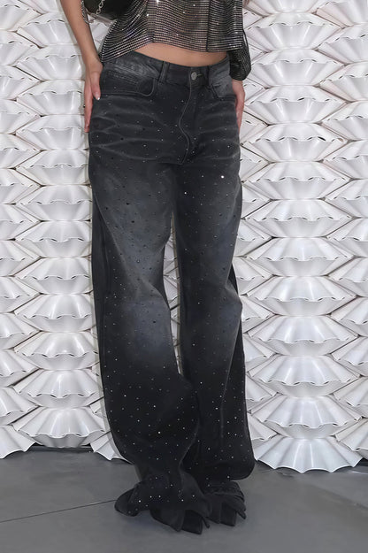 Vintage Rhinestone Distressed Low Waist Wide Leg Jeans