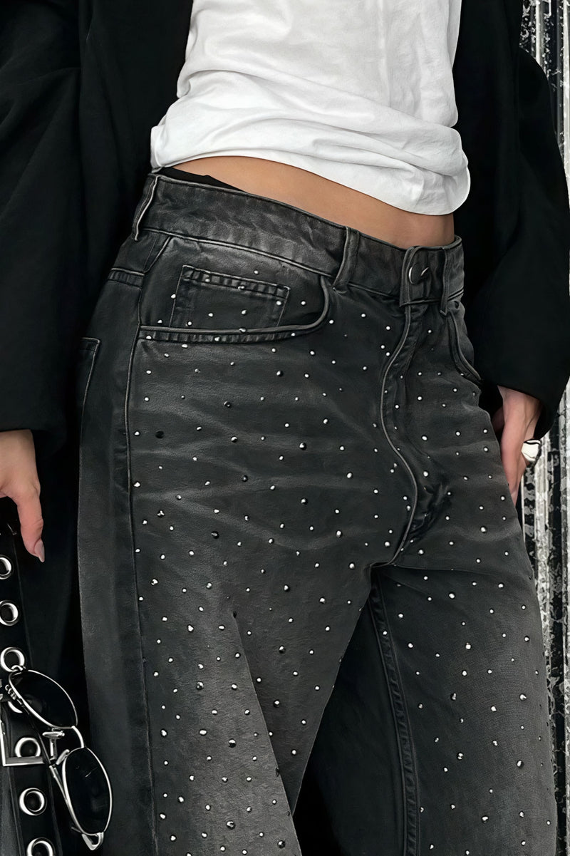 Vintage Rhinestone Distressed Low Waist Wide Leg Jeans
