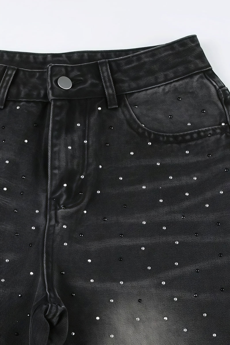 Vintage Rhinestone Distressed Low Waist Wide Leg Jeans