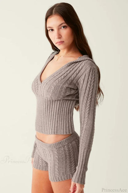 Vintage Sexy Knit Hooded Long Sleeve Cropped Two Piece Set