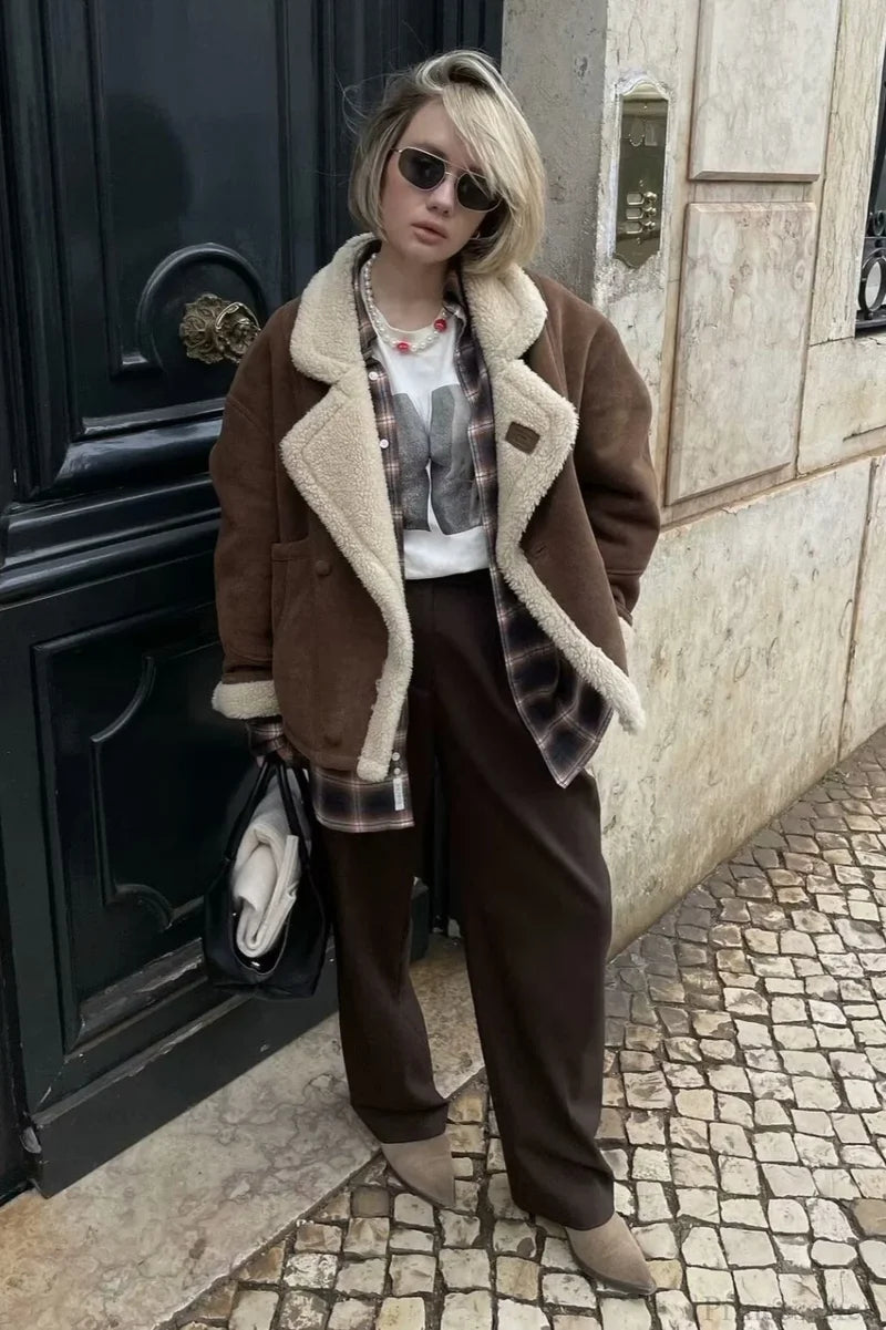 Vintage Sherpa Loose Warm Coat Dark brown / S