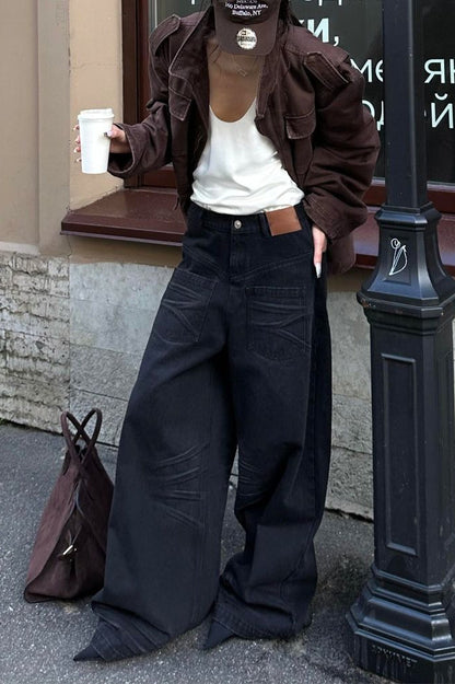 Vintage Washed Reverse Pocket Wide Leg Floor Jeans