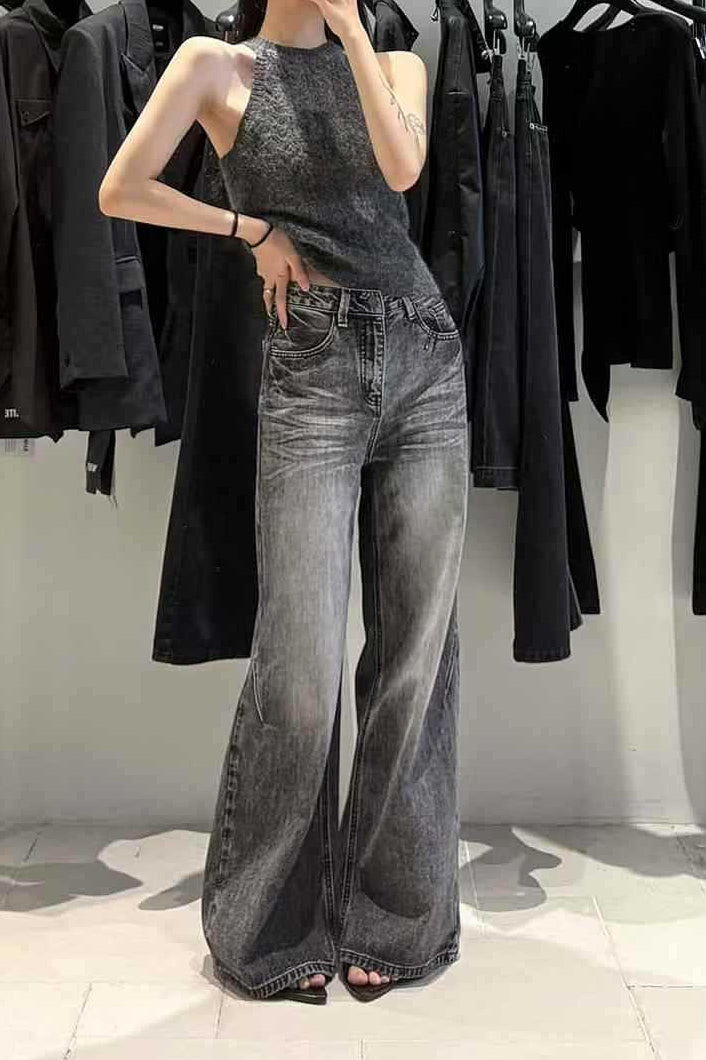 Vintage Washed Straight Wide Leg Jeans