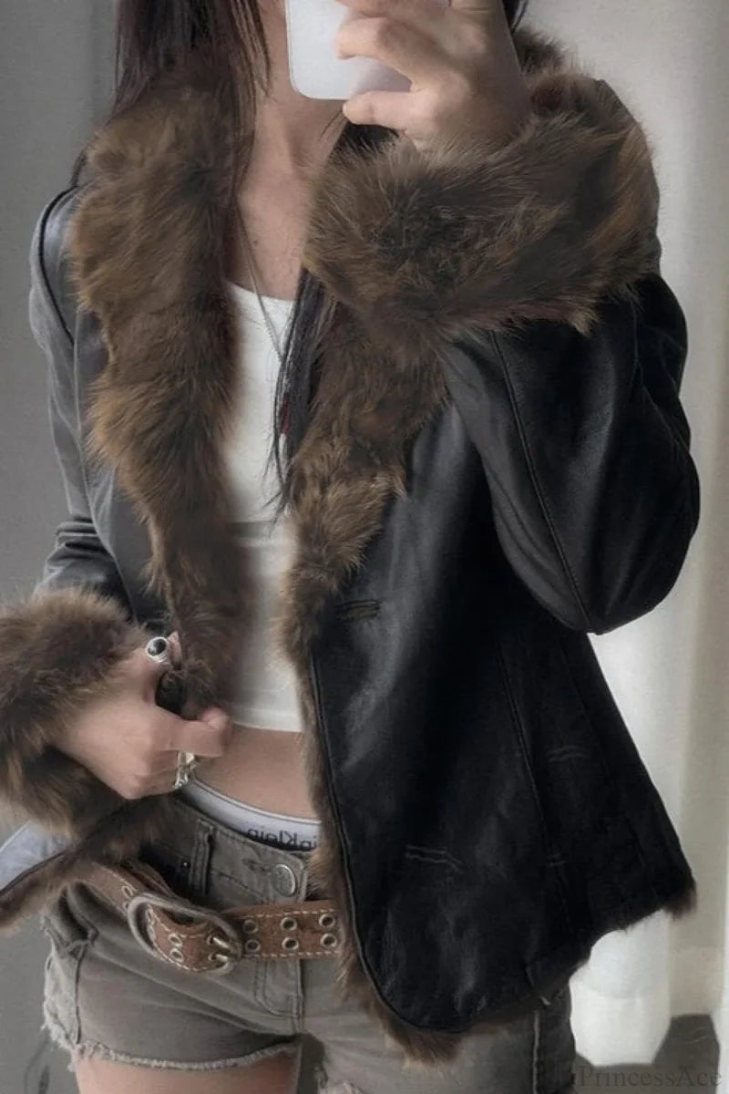 Vintage Y2K Furry Collar Leather Waist - Cinching Jacket Black / S