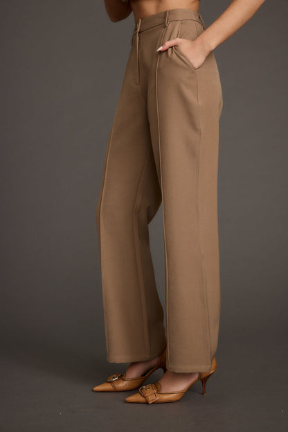 Virginia Taupe Seamed Slim Leg Trousers styled in a complete look from an alternate angle.