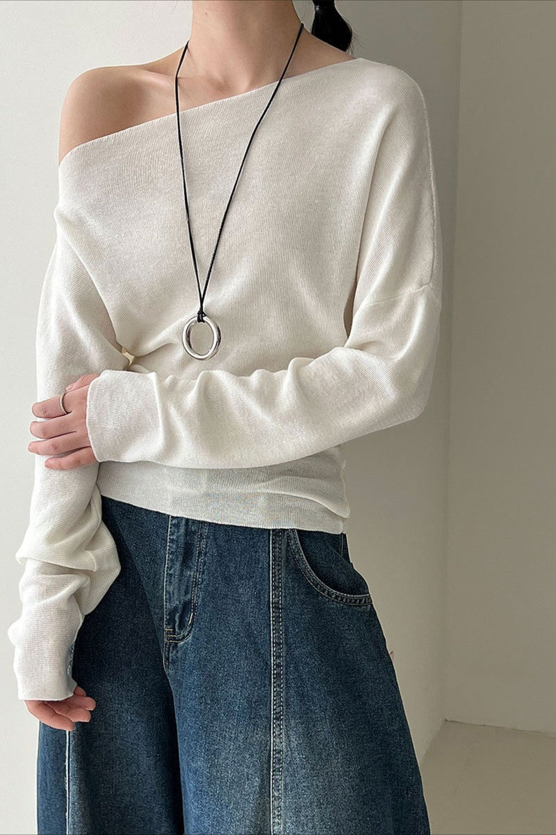 Waist Defining Asymmetric Shoulder Knit Top