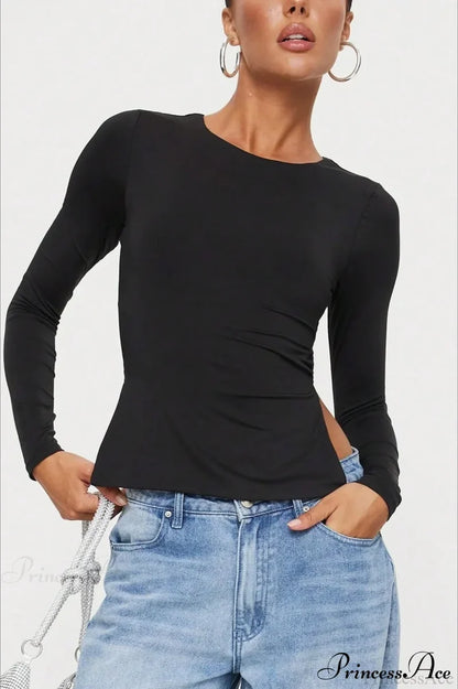 Waist-Tie Solid Color Crew Neck Long-Sleeve Cropped Knit Top