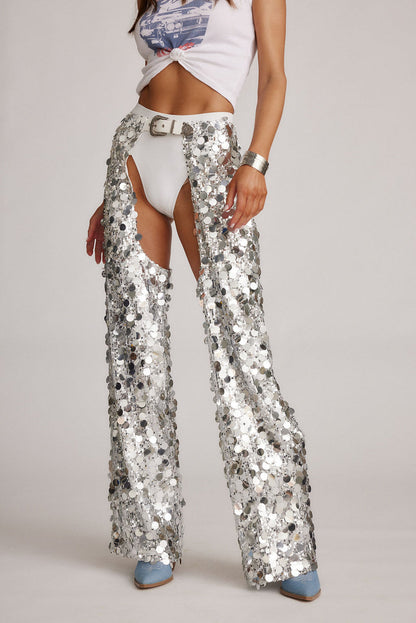 Silver pants with elegant accents, a silver chaps standout.