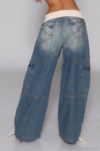 Washed Distressed Sporty Waist Wide Leg Jeans