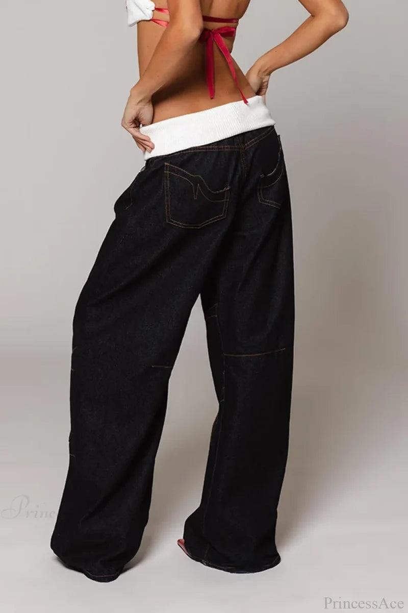 Washed Distressed Sporty Waist Wide Leg Jeans