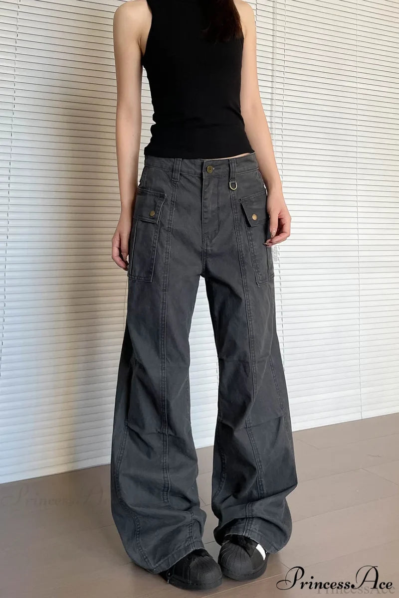 Washed Multi Pocket Flared Cargo Pants