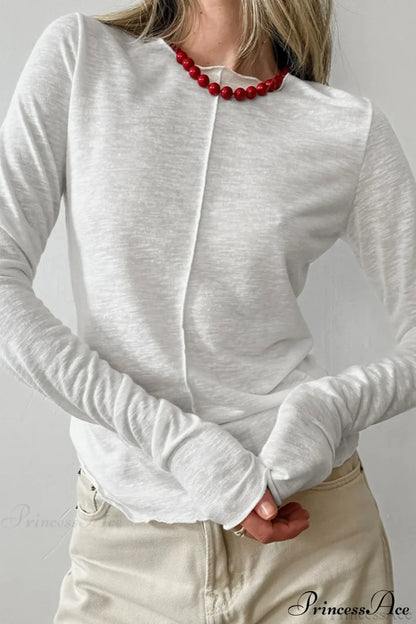 White Crew Neck Knit Panel Long Sleeve Tee White / S