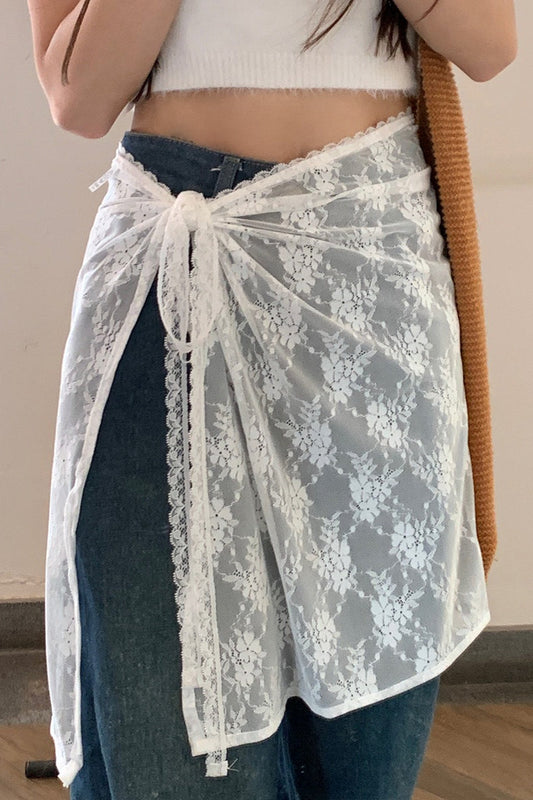White Lace Apron Skirt with Tie Versatile Half Skirt