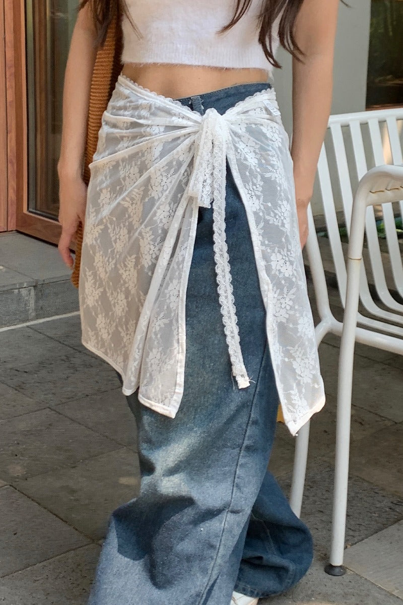 White Lace Apron Skirt with Tie Versatile Half Skirt