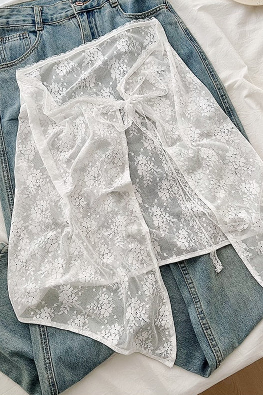 White Lace Apron Skirt with Tie Versatile Half Skirt