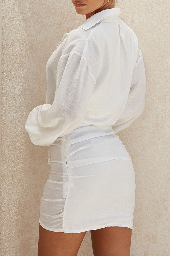 White Linen Plunging V Neck Long Sleeve Shirt Mini Dress