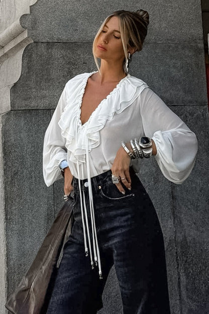 White Ruffled V Neck Lantern Sleeve Blouse