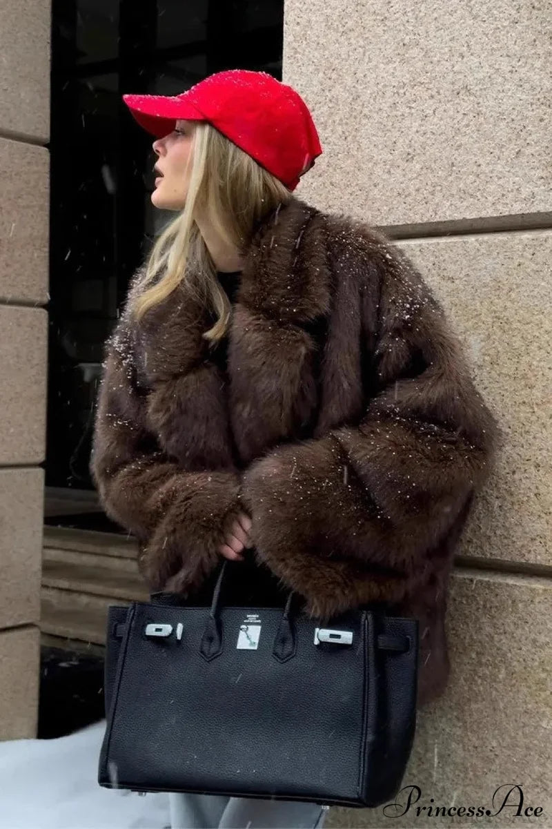 White Tip-Dyed Faux Fox Fur Mid-Length Coat Brown / XS