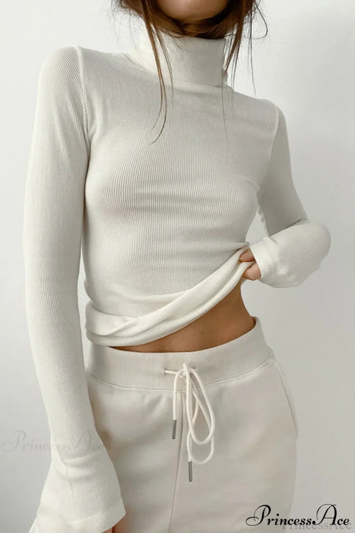 White Turtleneck Slim Knit Long Sleeve Tee White / S
