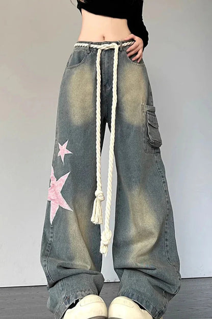 Wide Leg Patchwork Heart Jeans Blue / S