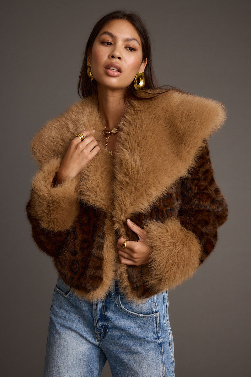 Leopard print faux fur cropped jacket with refined accents, a cheetah fur coat essential.