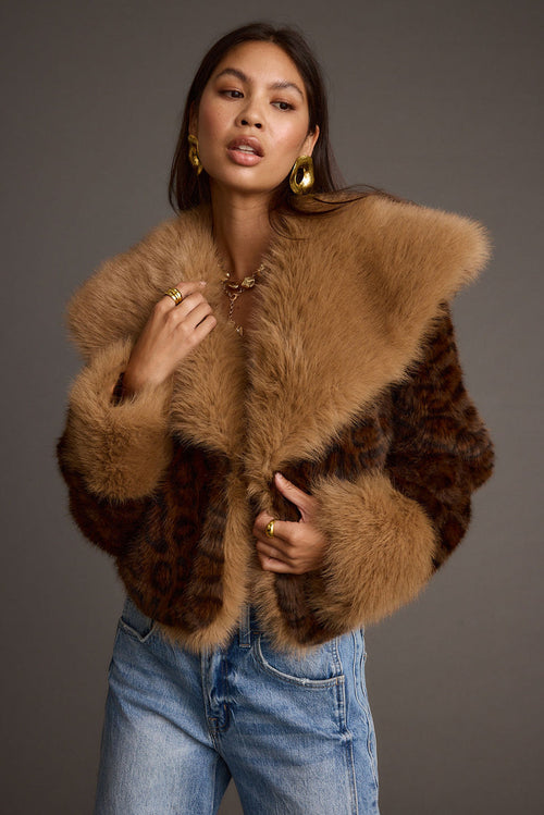 Leopard print faux fur cropped jacket with refined accents, a cheetah fur coat essential.