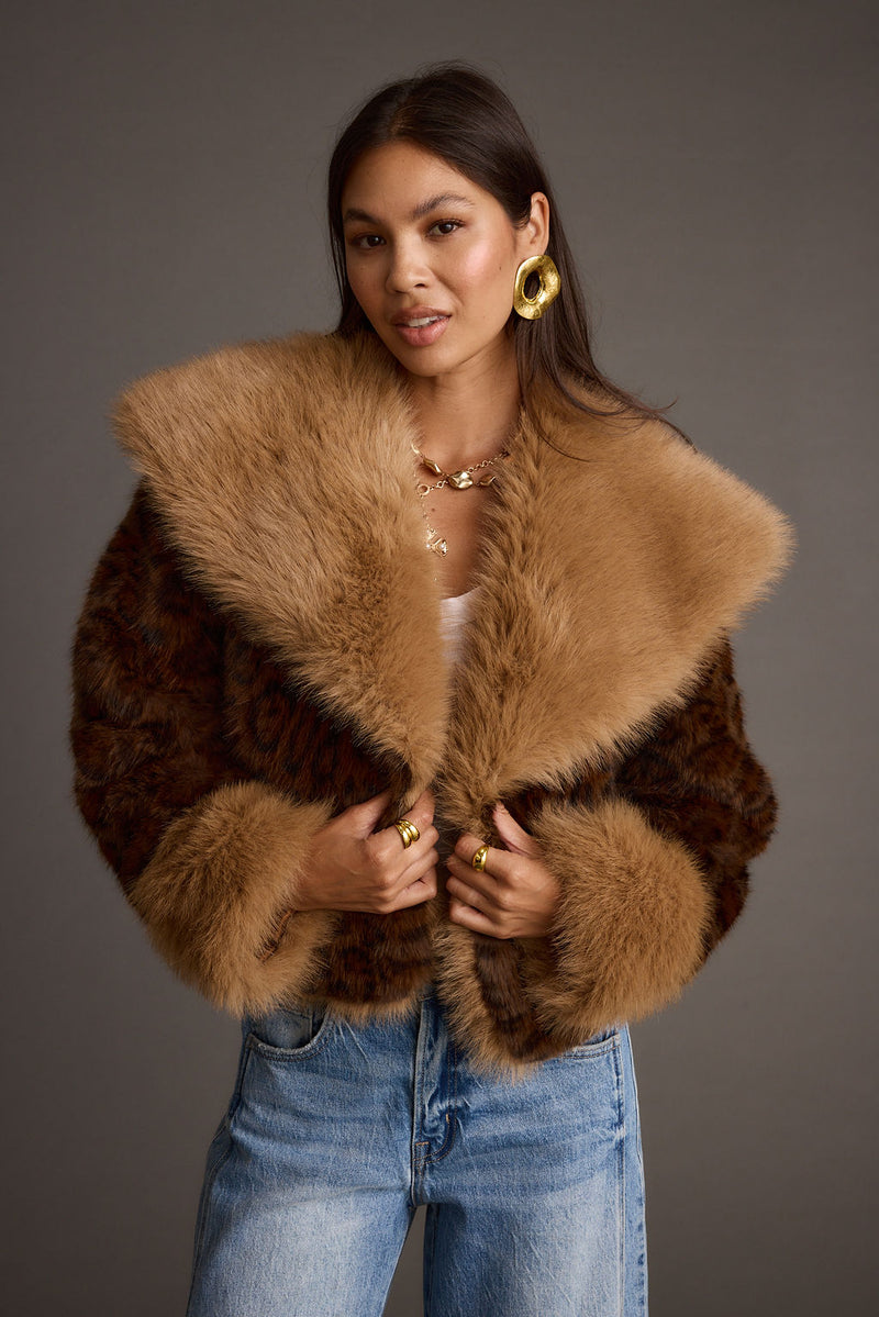 Back view of the leopard print faux fur jacket showing the silhouette and fit.