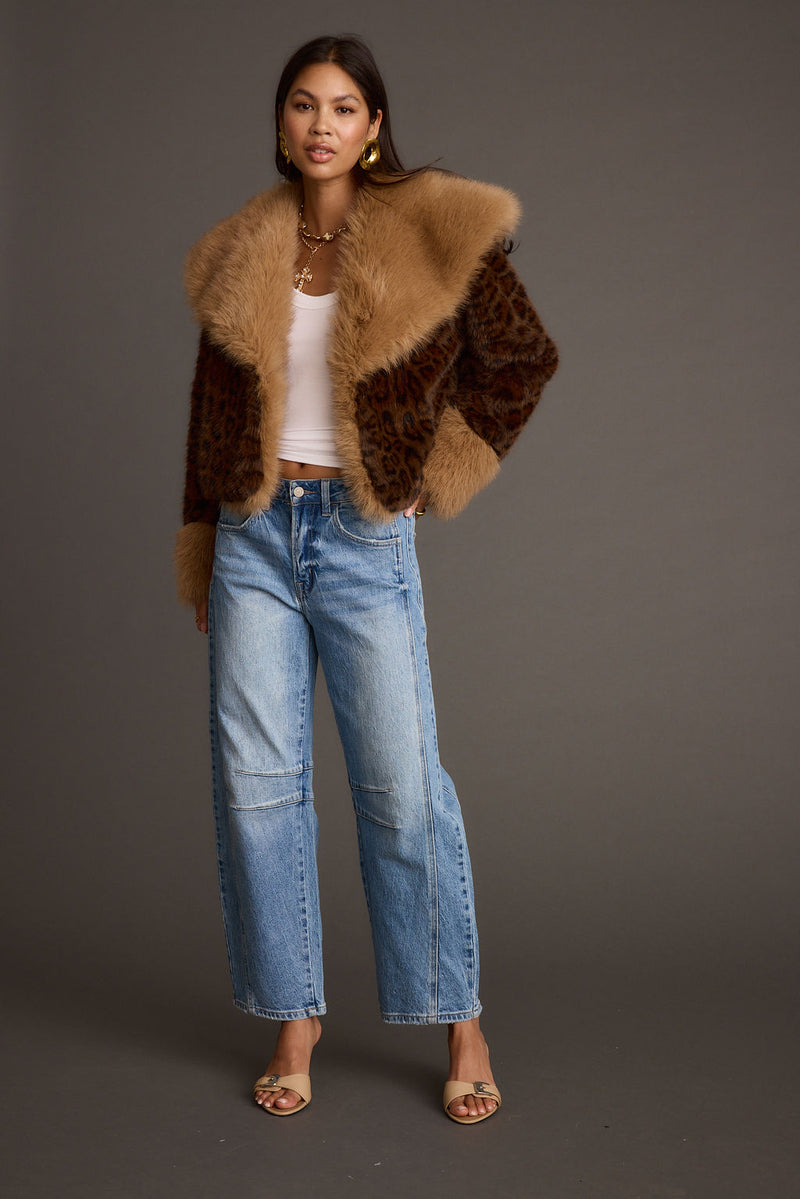Wild Heart Leopard Faux Fur Cropped Jacket styled in a complete look from an alternate angle.