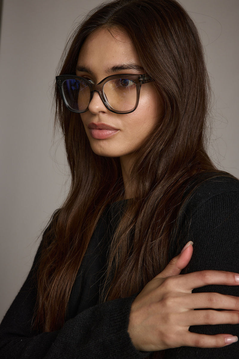 Close-up of the Wintour Blue Light Glasses showcasing the fabric texture and design details.