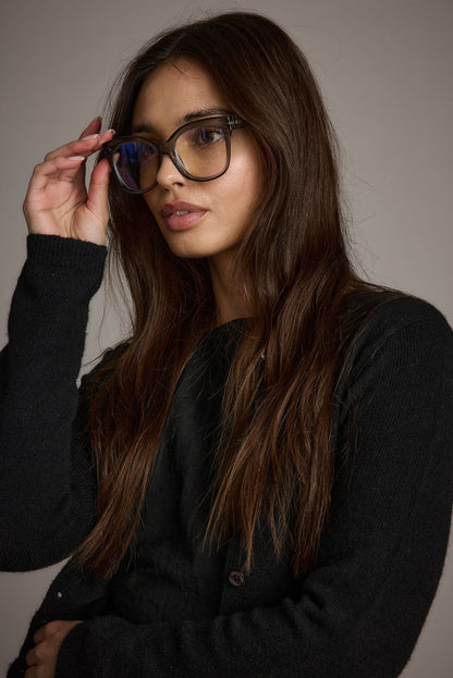 Wintour Blue Light Glasses styled in a complete look from an alternate angle.