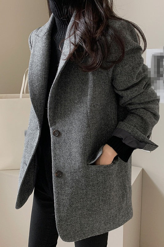 Wool Blend Solid Color Blazer S / Grey