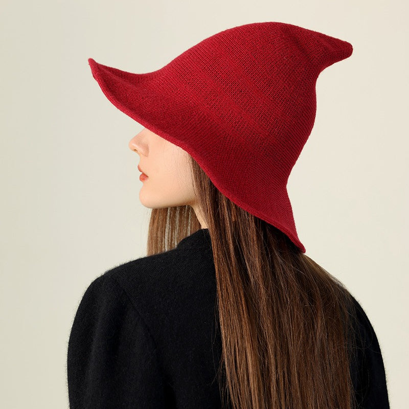 Wool Knitted Pointed Top Wide Brim Witch Hat