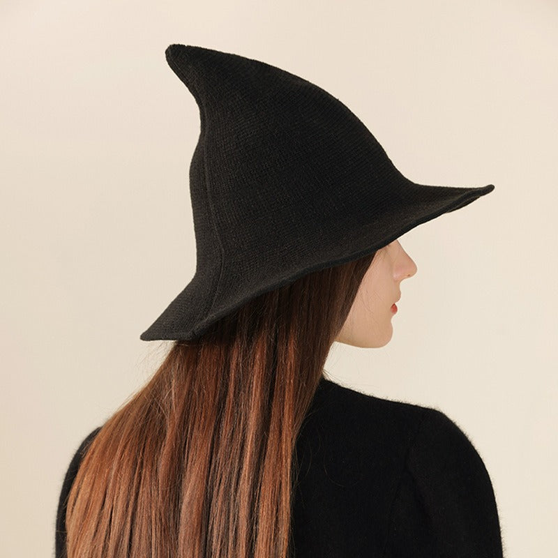 Wool Knitted Pointed Top Wide Brim Witch Hat