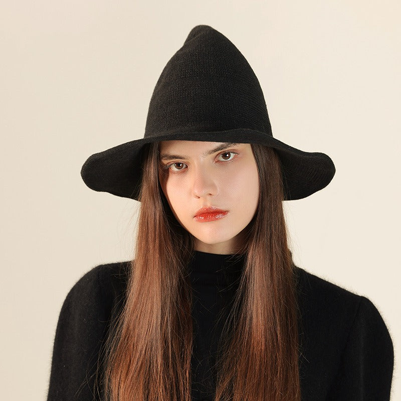 Wool Knitted Pointed Top Wide Brim Witch Hat