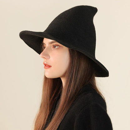 Wool Knitted Pointed Top Wide Brim Witch Hat