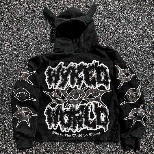 Y2K Chic Street Print Devil Horn Hoodie