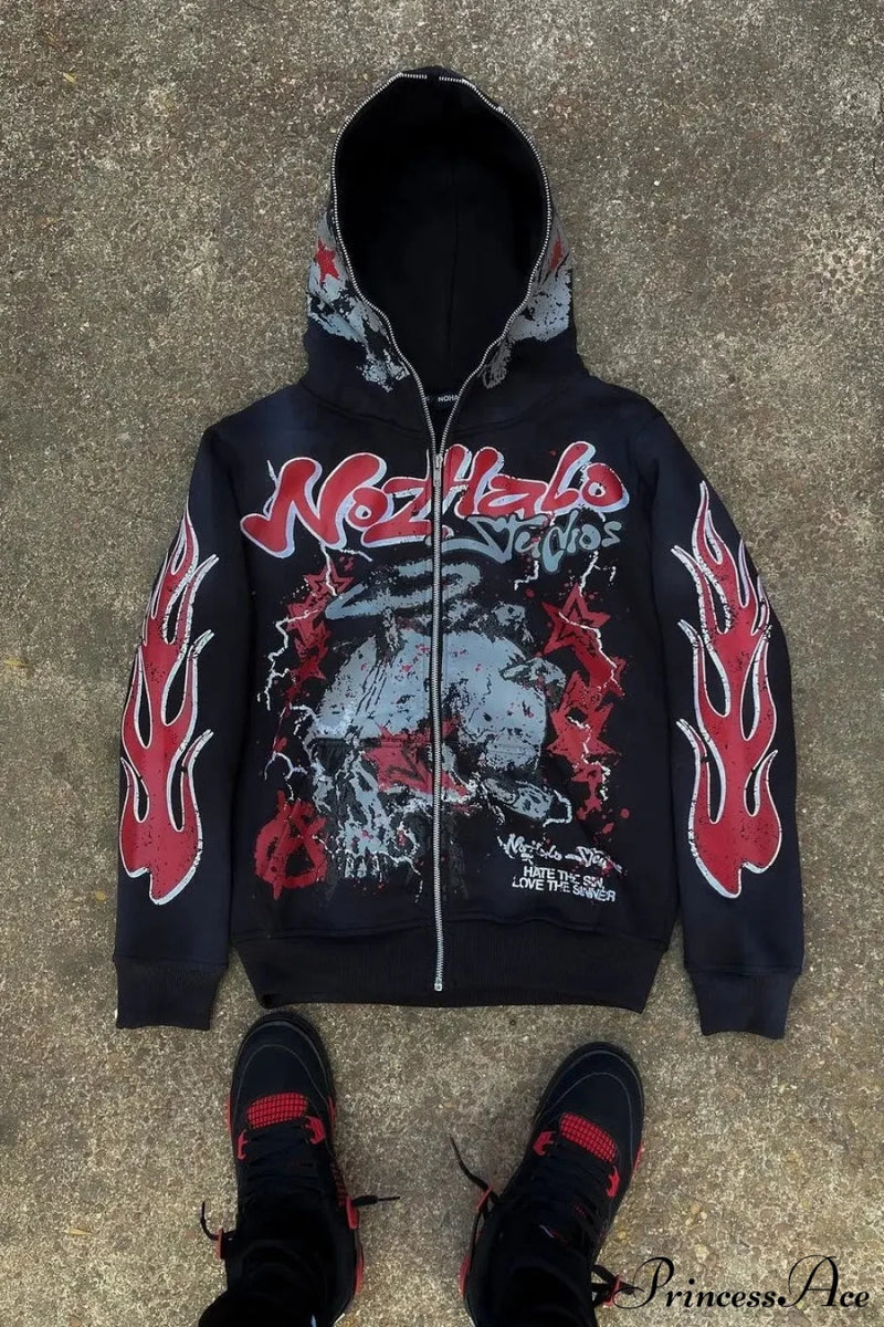 Y2K Dark Hip-Hop Cartoon Zip Hoodie Black / S