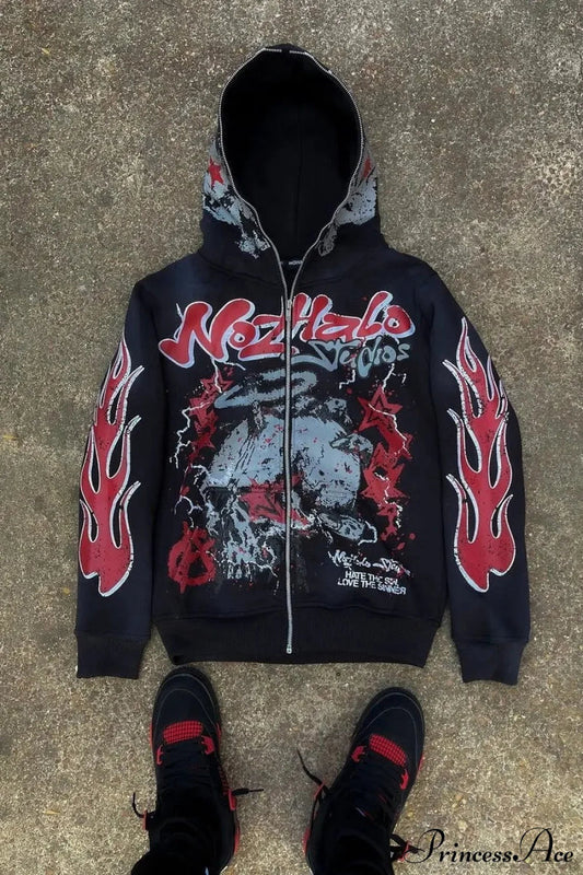 Y2K Dark Hip-Hop Cartoon Zip Hoodie Black / S