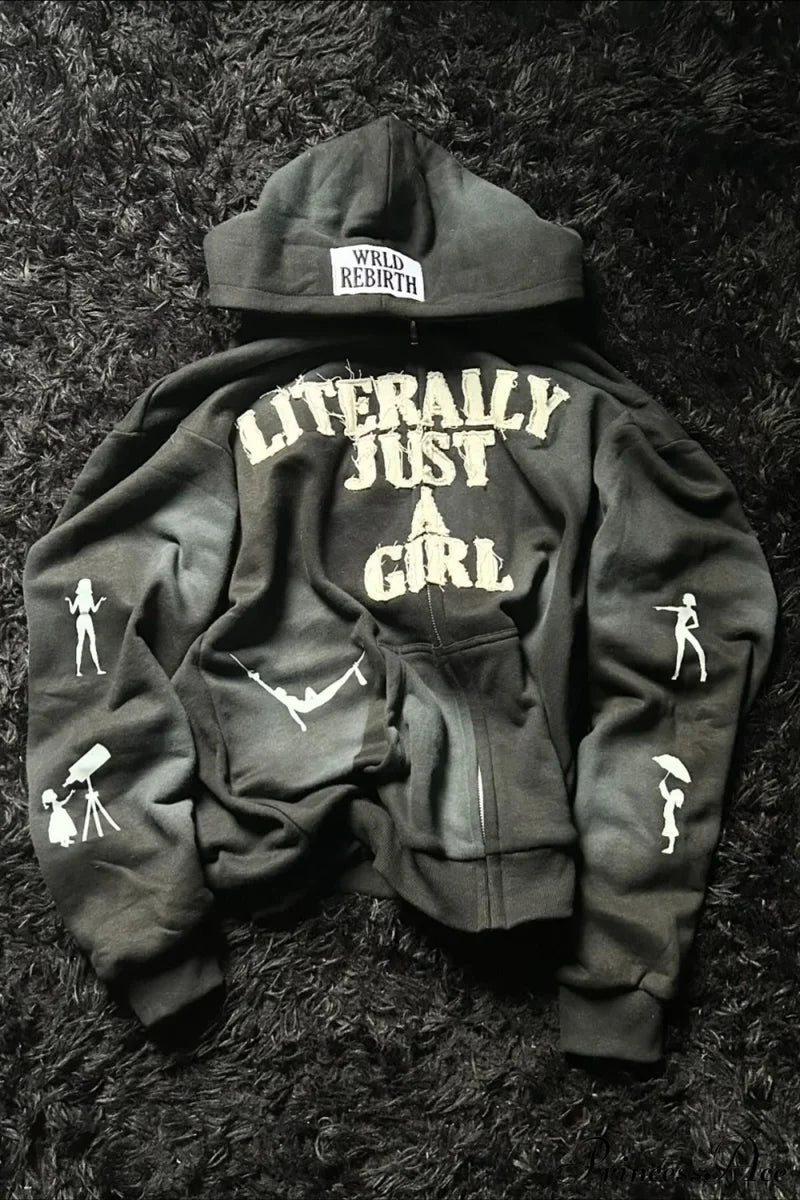 Y2K Hip-Hop 3D Letter Print Loose Zip Hoodie Black / XS