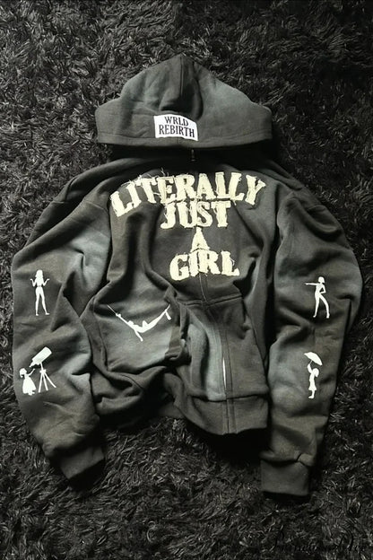 Y2K Hip-Hop 3D Letter Print Loose Zip Hoodie Black / XS