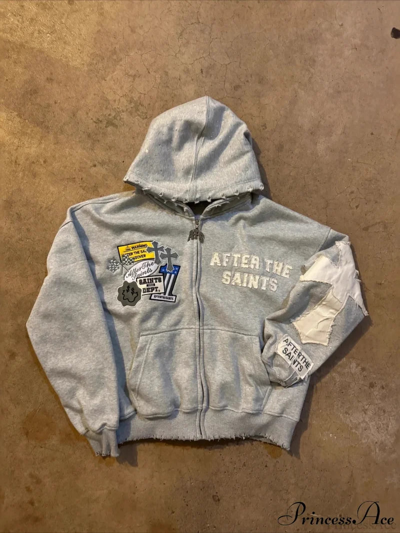 Y2K Letter Print Street Casual Hoodie Grey / XS