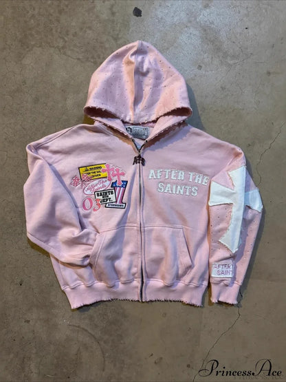Y2K Letter Print Street Casual Hoodie Pink / XS