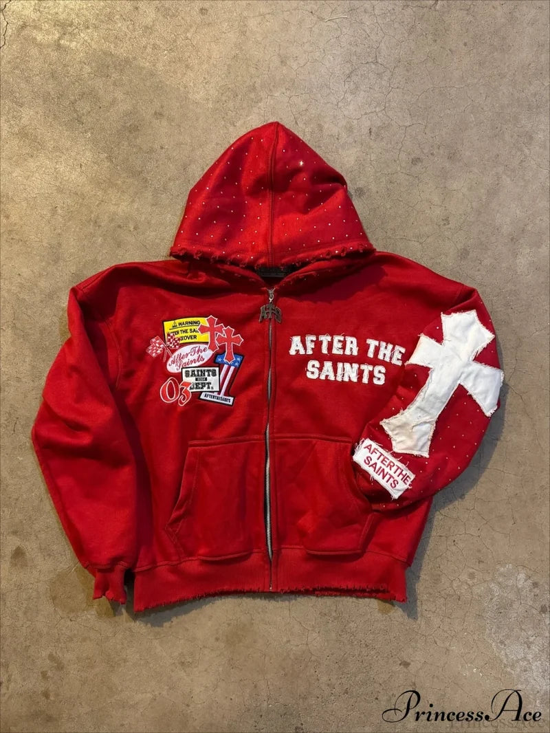 Y2K Letter Print Street Casual Hoodie Red / XS