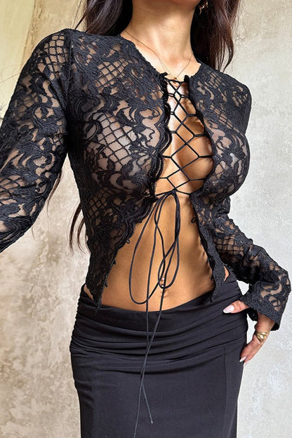 Y2K Retro Lace Up Sexy Lace Blouse